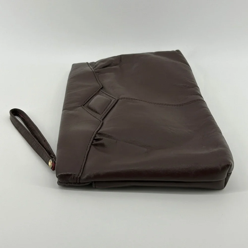 Vintage Dark Brown Soft Leather Wristlet Clutch Bag Made in Hong Kong Minimalist